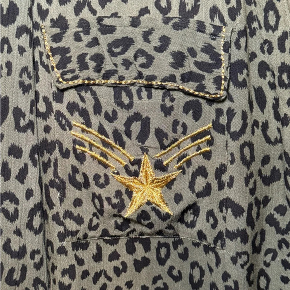 🌻 Z&L Anthropologie Olive Animal Print Gold Embroidered Women's sz Small Blouse - Picture 3 of 14